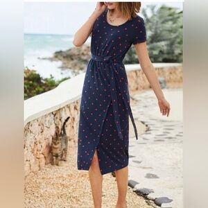 Boden Navy and Coral Dot Midi Dress
